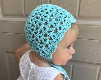 Lace baby girl spring bonnet, Easter crochet  bonnet, summer newborn hat with ties, bonnets for girls, photo prop infant girl, ready to ship