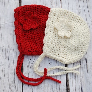 Baby girl Christmas bonnet, babies first Christmas, crochet soft cotton newborn hat with ties, holiday bonnet, baby shower gift,