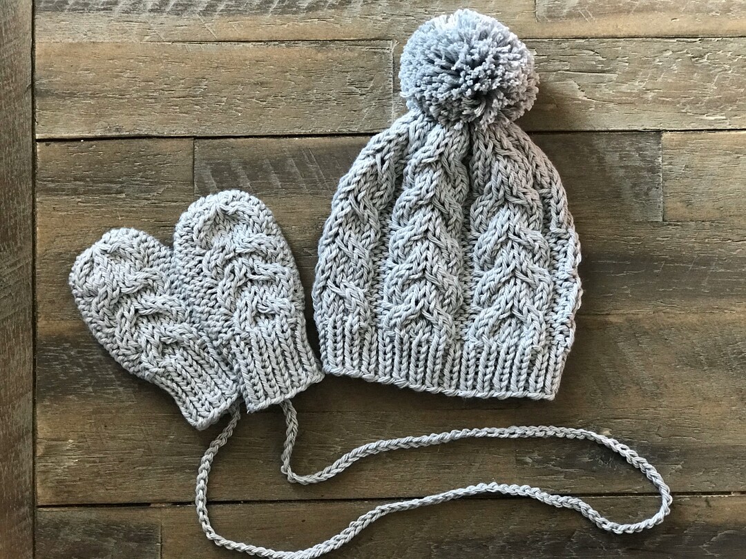 Cable Hat With Pom Pom and Mittens Set, Baby Boy Girl Hand