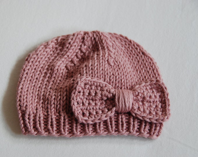 Baby girl hat, hand knitted hat with crochet bow, super soft cotton in rosy color, newborn to toddler sizes available, made to order