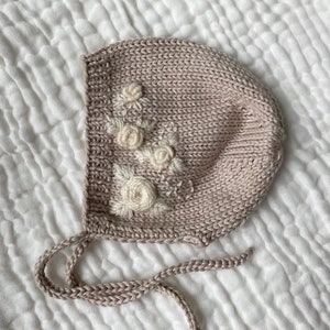 Baby girl hand knitted and embroidered bonnet,  soft cotton bonnet, newborn hat with ties, photo prop for infant, baby shower gift