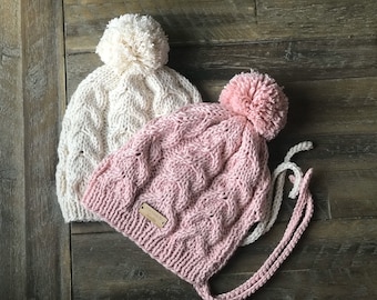 COTONE Cappello a trecce con pom pom, cappello lavorato a maglia per bambina, cappello boutique invernale lavorato a mano, neonato, cappello caldo autunnale, cofano