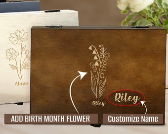 Personalized Birth Flower Birthday Keepsake Memories Wood Gift Box, Memory Box For Mom, Wedding Memory Chest, Anniversary Gift Box