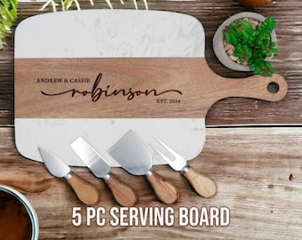 Personalized Serving Board, Engraved Wedding Gift Cheese Serving Board with Handle Engagement Gift Bridal Shower Gift Newlywed, Couples Gift