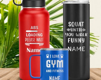 Customized Name Gym Quote Tumbler Cup, Laser Engraved Workout Travel Mug, Personalized Fitness Lover Gift, Double Insulated Gym Coffee Mug