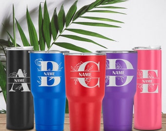 Split Monogram Letter Tumbler Cup, Alphabet Double Insulated Travel Cup, Wedding Gift, Laser Engraved Coffee Mug, Personalized Birthday Gift