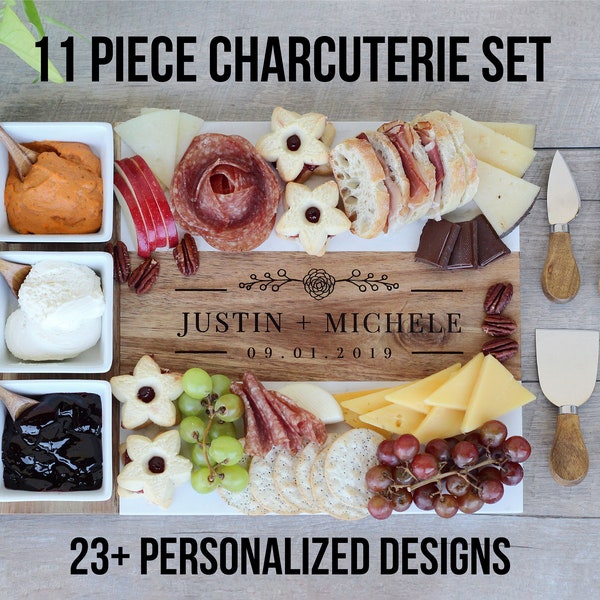 11 Piece Charcuterie Board Set, Marble Charcuterie Serving Board, Cheese Board Set, Wood Board and Knife Set, Modern and Rustic Gift Set