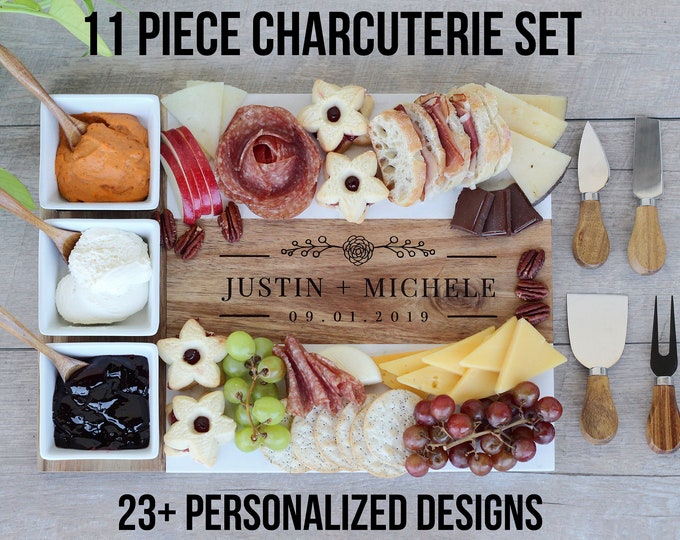 11 Piece Charcuterie Board Set, Marble Charcuterie Serving Board, Cheese Board Set, Wood Board and Knife Set, Modern and Rustic Gift Set