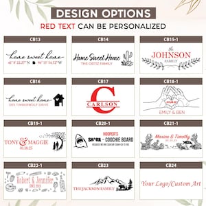 May include: A grid of twelve rectangular design options for custom engraving, featuring black and red text and graphics. Each option is labeled with a code like CB13. The text 'DESIGN OPTIONS' and 'RED TEXT CAN BE PERSONALIZED' appear at the top.