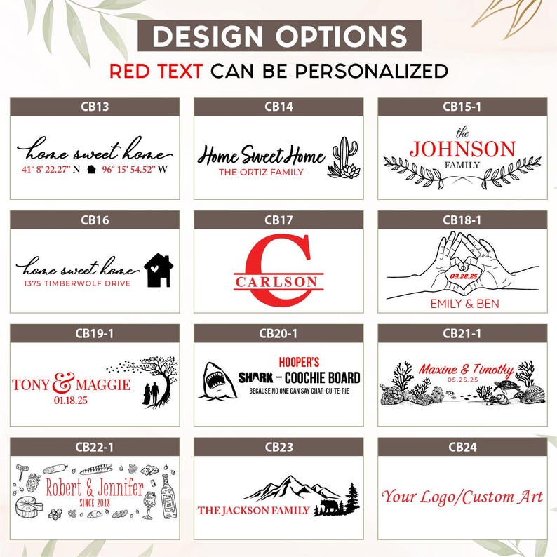 May include: A grid of twelve rectangular design options for custom engraving, featuring black and red text and graphics. Each option is labeled with a code like CB13. The text 'DESIGN OPTIONS' and 'RED TEXT CAN BE PERSONALIZED' appear at the top.