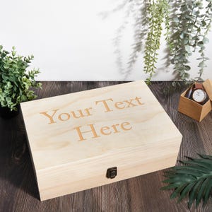 Personalized wooden keepsake box with customizable text, ideal for storing precious memories. Elegant and minimal design, perfect for weddings, anniversaries, and special gifts. Great for adding a personal touch to home decor