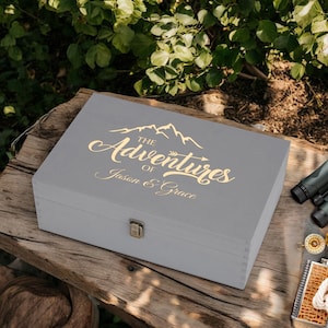 Personalized adventure keepsake box - travel memory box, wedding & anniversary gift, engraved wooden keepsake, couples gift, memento box