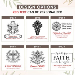 May include: Image showcasing design options for personalized items. The designs feature crosses, floral elements, and text. The text includes names, dates, and phrases like "Grace alone" and "Walk by Faith". The text is in red and can be personalized.