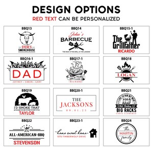 May include: A collage of 10 different designs for personalized BBQ grill signs. Each design features a unique graphic and text, such as "John's Barbecue", "The Grillfather", "Dad", "The Jacksons", and "All-American BBQ".