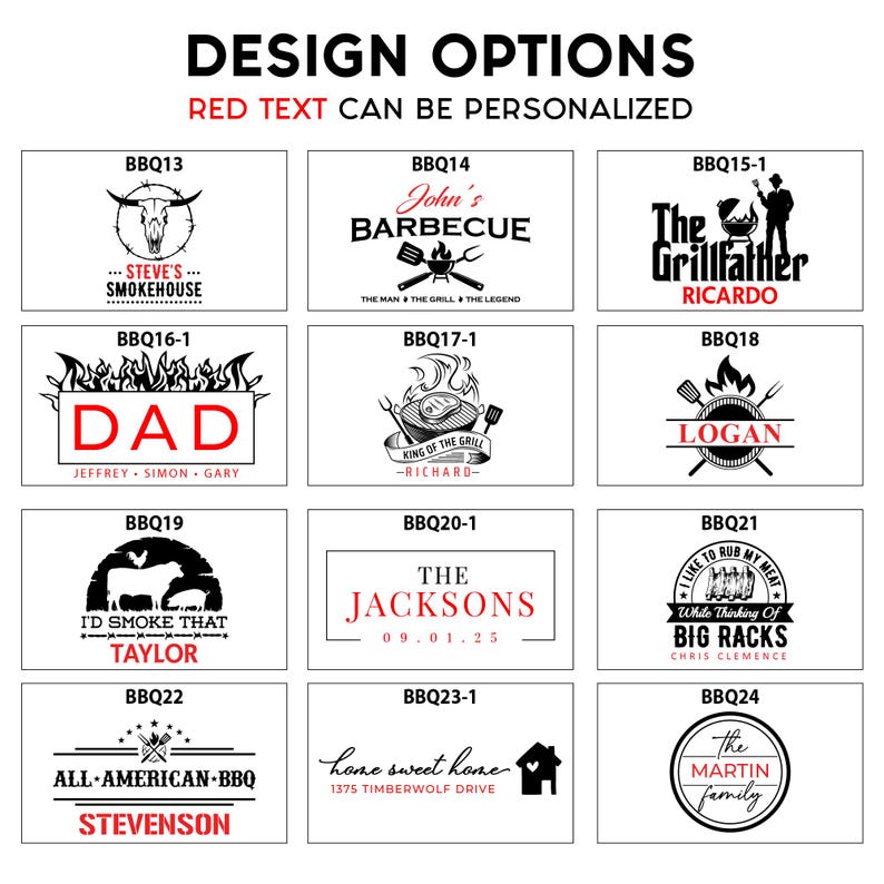 May include: A collage of 10 different designs for personalized BBQ grill signs. Each design features a unique graphic and text, such as "John's Barbecue", "The Grillfather", "Dad", "The Jacksons", and "All-American BBQ".