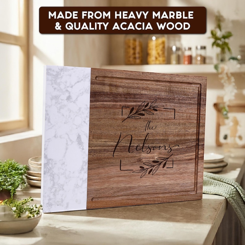 Personalized laser engraved acacia wood and marble cutting board with custom family name. Crafted from premium acacia wood and heavy marble, perfect for charcuterie, weddings, housewarming, anniversary, and Christmas gifts.
