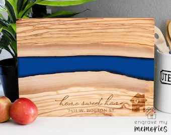 Personalized olive wood charcuterie board, unique resin serving board, custom gifts for housewarming & weddings