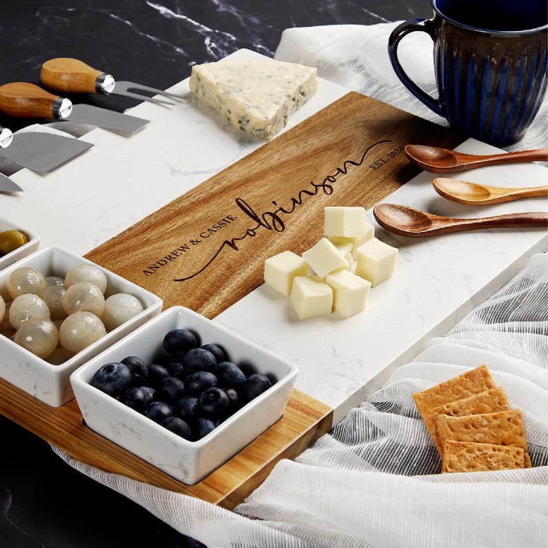 Personalized serving board for couple or family gift, cheese board with acacia wood & marble, engraved wedding gift,custom charcuterie board