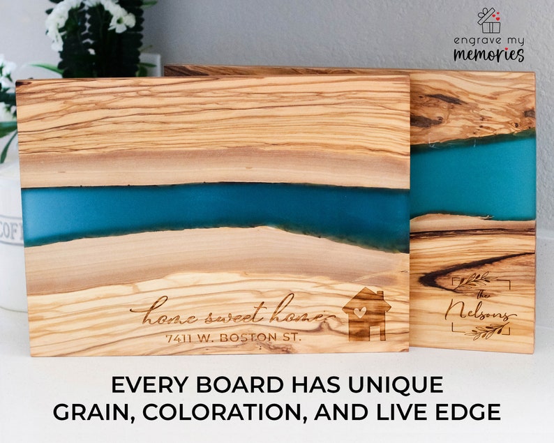 Personalized Charcuterie Board, New Home Gift, Live Edge Serving Board, Custom Closing Gift, Resin Chopping Board, Wood Serving Board image 6
