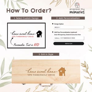 May include: Wooden box with the phrase "home sweet home" and address 1375 Timberwolf Drive engraved on it. The image also shows instructions on how to order a custom design and personalize text in red.
