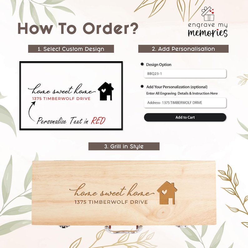 May include: Wooden box with the phrase "home sweet home" and address 1375 Timberwolf Drive engraved on it. The image also shows instructions on how to order a custom design and personalize text in red.