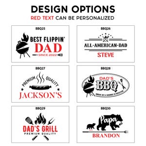 May include: Five different designs for a personalized grilling themed gift. The designs feature a grill, a hot dog, a bear, and text that says "Best Flipping Dad", "All American Dad", "Jackson's", "Dad's BBQ", and "Papa".