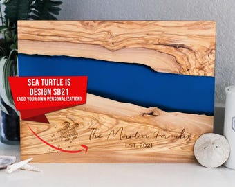 Sea turtle charcuterie board, river serving board, live edge serving tray, custom cheese board, epoxy river, resin serving board,