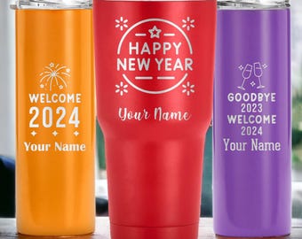 New year tumbler, laser engraved travel mug, personalized new year gift, double insulated cup, welcome 2024 new year party gift, custom mug