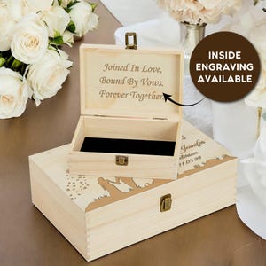 Wood memory box, rustic wooden keepsake box, personalized engraved gift box, wedding memory chest, jewelry or photo box, couple's custom box image 9