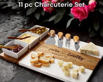 Personalized serving board for couple or family gift, cheese board with acacia wood & marble, engraved wedding gift,custom charcuterie board