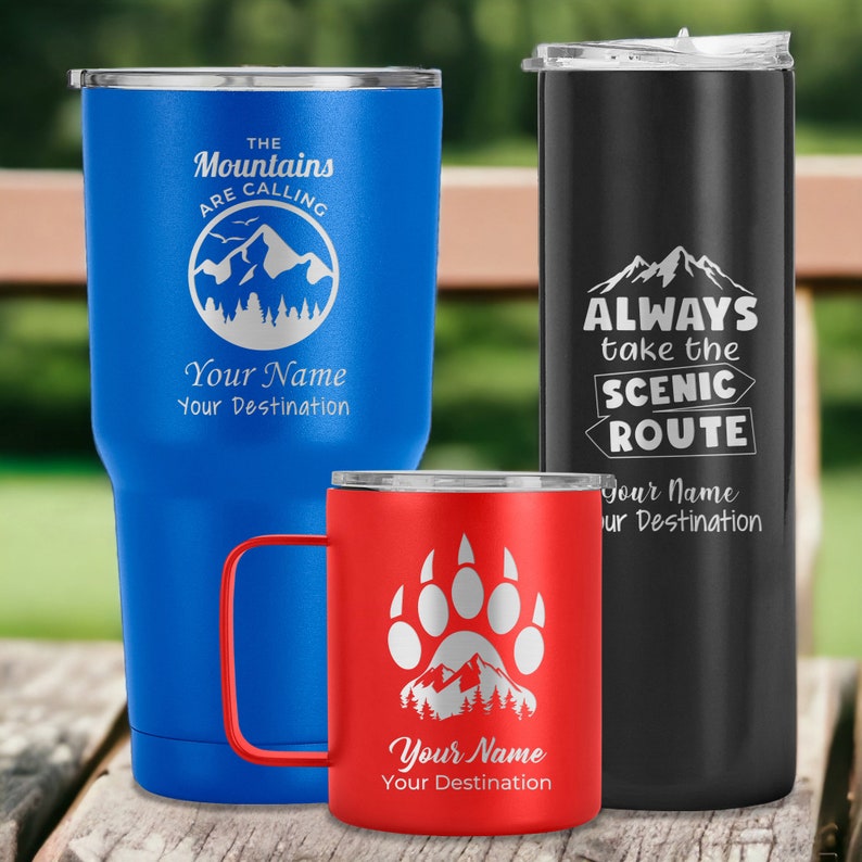 Custom Camping Mug, Insulated Mug, Adventure Mug, Hiking Camp Mugs, Metal Coffee Mugs, Campfire Mug, Couples Coffee Gift, Coffee Gift image 1