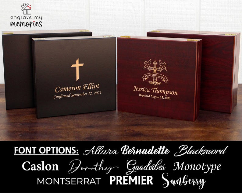 May include: Wooden keepsake boxes with engraved text and cross designs. One box is black with a gold cross and the name "Cameron Elliot" and date. Another is red with a cross design and the name "Jessica Thompson" and date. Font options are listed below.