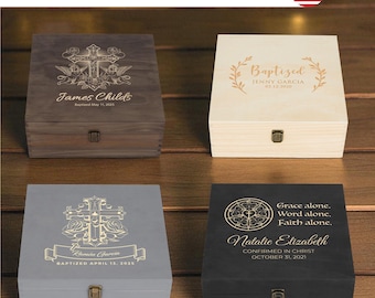 Caixa de madeira personalizada com gravação para batizado de bebê (menino ou menina), presente católico para batizado, lembrança religiosa para recém-nascido.