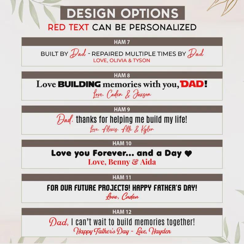 May include: A design options chart featuring six text templates labeled HAM 7 through HAM 12. Each option displays black and red text phrases for personalization, including messages like Built by Dad, Love building memories with you, and Happy Father's Day.