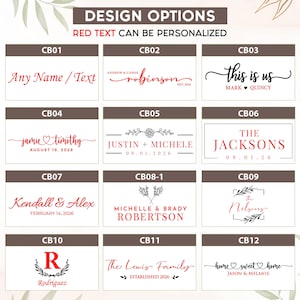 Choose from 12 custom laser engraving designs for a personalized acacia wood and marble cutting board. Customize family names, monograms, wedding dates, couples' names, and home-themed designs for unique wedding, anniversary, and housewarming gifts.