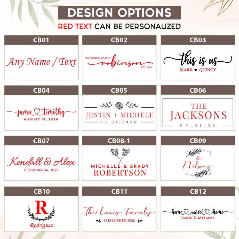 Choose from 12 custom laser engraving designs for a personalized acacia wood and marble cutting board. Customize family names, monograms, wedding dates, couples' names, and home-themed designs for unique wedding, anniversary, and housewarming gifts.