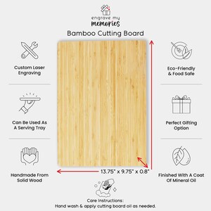 May include: A rectangular bamboo cutting board with the text "engrave my memories" and "Bamboo Cutting Board". The board measures 13.75" x 9.75" x 0.8". Features include custom laser engraving, serving tray use, and eco-friendly materials.