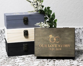 Custom engagement wooden memory box, gift for couples, custom box, anniversary gift box, rustic wooden keepsake box, engraved gift box