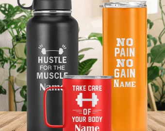 Custom Gym Tumbler, Laser Engraved Barbell Travel Cup, Personalized Gym Lover Gift, Double Insulated Dumbbells Coffee Mug, Workout Gift