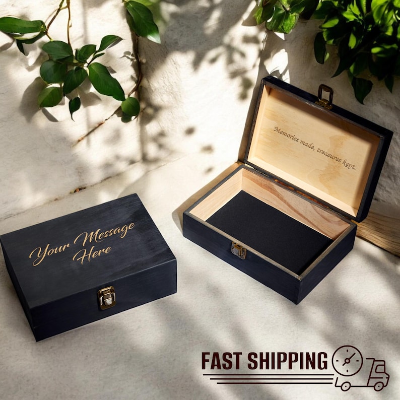 Personalized engraved wooden keepsake box, perfect as a memory chest for wedding and special occasion. Rustic memento box ideal for photos, sentimental keepsake and custom message. Thoughtful gift with fast shipping for preserving treasured memories.