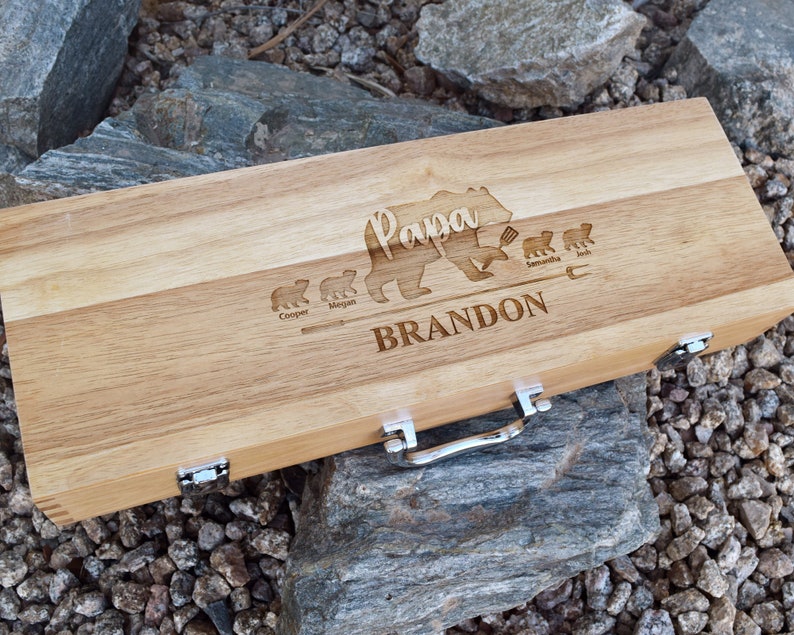 Grill Gift Set made from high-quality solid maple wood and stainless steel, engraved your chosen image and message on box cover