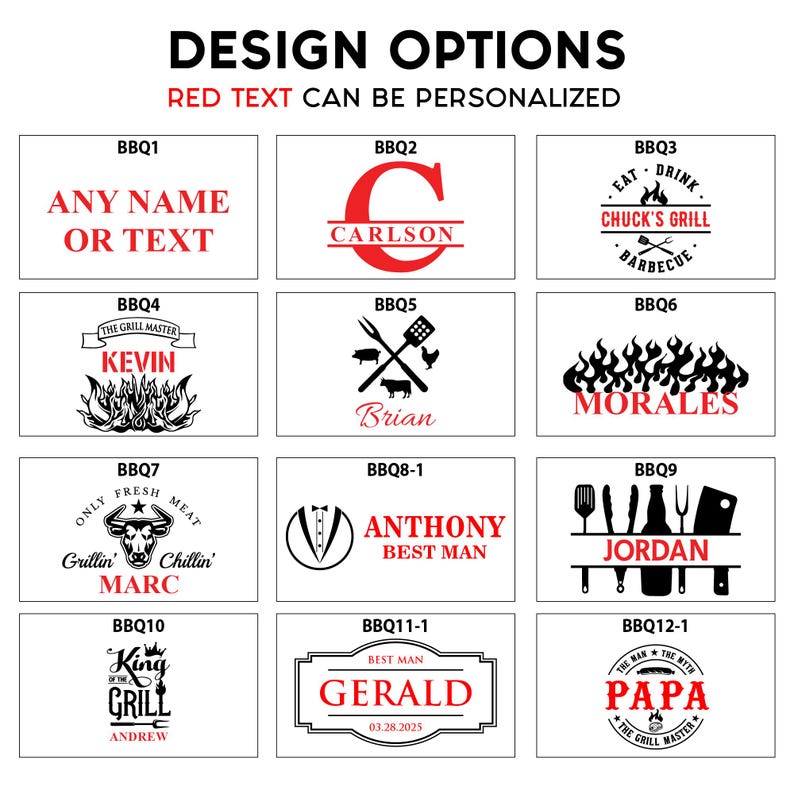 May include: A graphic design template for a personalized BBQ grill design. The template features a variety of designs, including a bull, a grill, a chef, and a variety of text options. The text can be personalized with a name, date, or other message. The designs are in black and white with red accents.