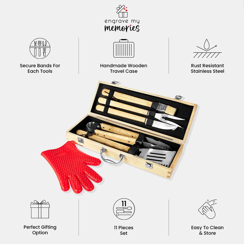 May include: An 11-piece grilling set with wooden handles and stainless steel tools, packaged in a wooden carrying case with a handle. The set includes a spatula, tongs, fork, knife, and cleaning brush. The case has a label that says "engrave my memories".