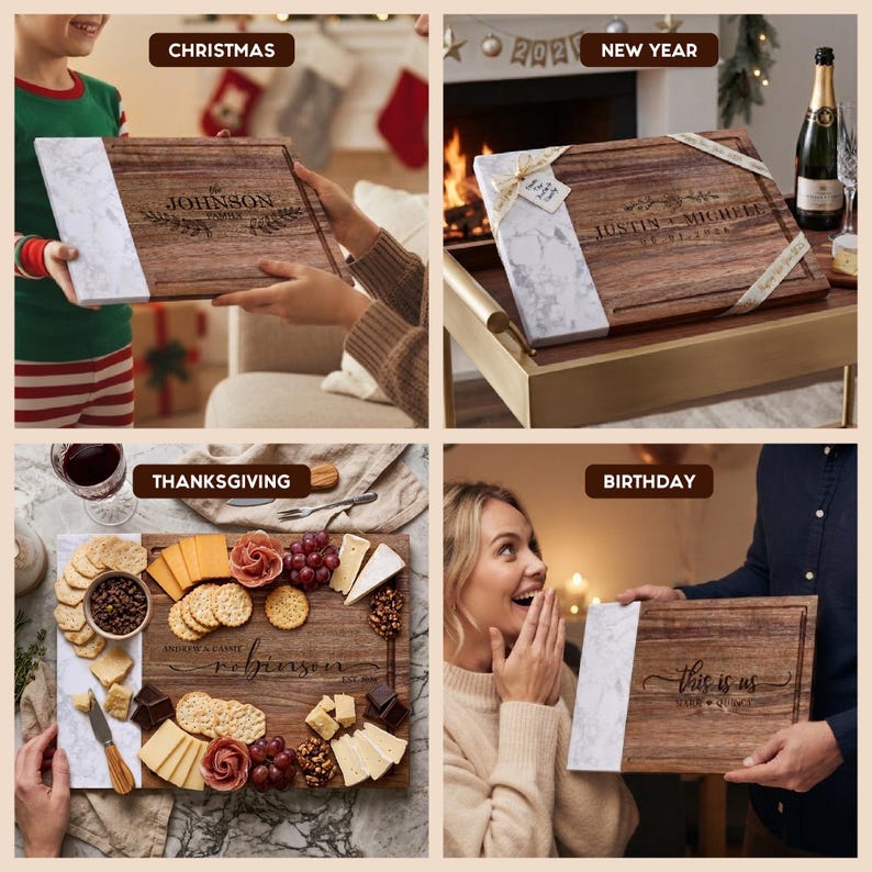 May include: A rectangular wooden serving board featuring a white marble-patterned side panel and a deep brown wood grain surface. The board includes custom laser-engraved text and decorative flourishes, with a grooved perimeter for liquid collection.