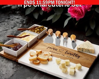 Personalized serving board for couple or family gift, cheese board with acacia wood & marble, engraved wedding gift,custom charcuterie board
