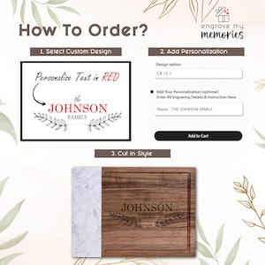How to order a personalized laser engraved acacia wood and marble cutting board. Select your custom design, add names or text, and receive a beautifully engraved charcuterie board for weddings, anniversaries, housewarmings, and special occasions.