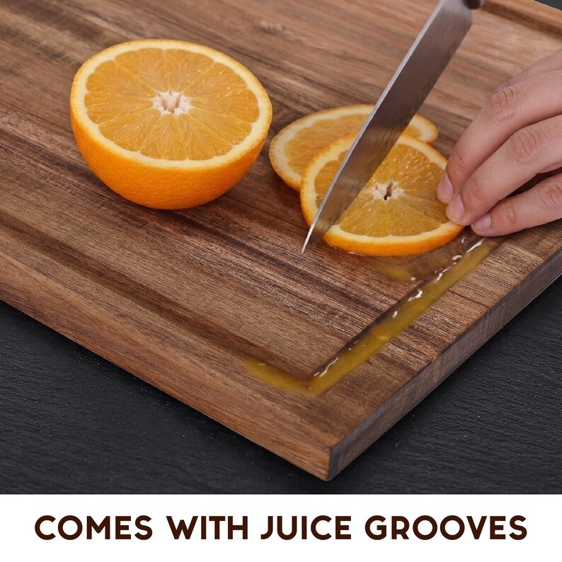 Premium acacia wood cutting board with deep juice grooves to catch liquids while slicing fruits, vegetables, and meats. Durable personalized laser engraved cutting board ideal for everyday kitchen use and entertaining.