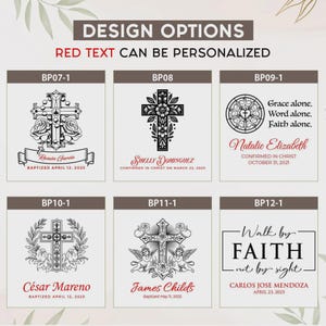 K&ouml;nnte beinhalten: Das Bild zeigt sechs Designoptionen mit Kreuzen und religi&ouml;sen Zitaten. Der Text "DESIGN OPTIONS" und "RED TEXT CAN BE PERSONALIZED" befinden sich oben. Jedes Design enth&auml;lt Namen und Daten, mit verschiedenen Kreuzdesigns und dekorativen Elementen.