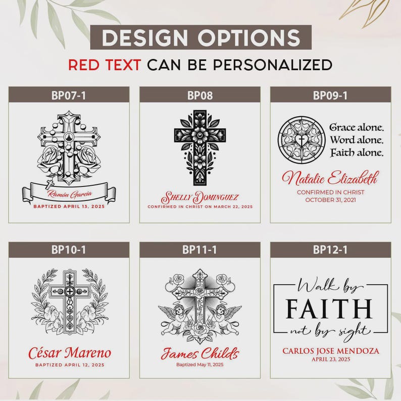 K&ouml;nnte beinhalten: Das Bild zeigt sechs Designoptionen mit Kreuzen und religi&ouml;sen Zitaten. Der Text "DESIGN OPTIONS" und "RED TEXT CAN BE PERSONALIZED" befinden sich oben. Jedes Design enth&auml;lt Namen und Daten, mit verschiedenen Kreuzdesigns und dekorativen Elementen.