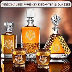 Juego de decantador de whisky personalizado con caja, decantador grabado personalizado, artículos de bar, decantadores de whisky escocés, decantador de bourbon